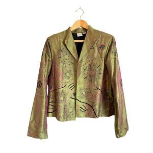 Bleu Bayou grean silk blazer embroidered beaded pink black collar art Large